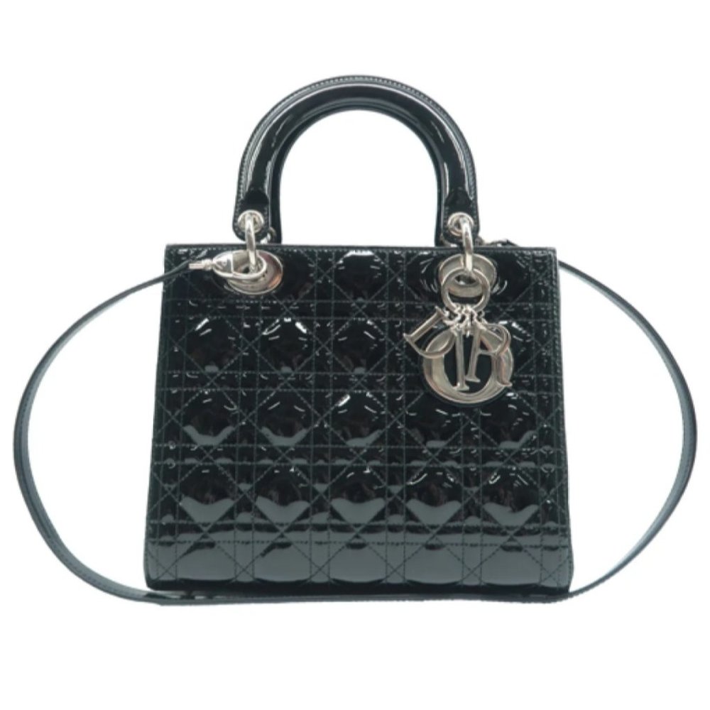 100% Authentic Dior Lady Black Patent Leather Satchel Bag - Picture 2 of 12